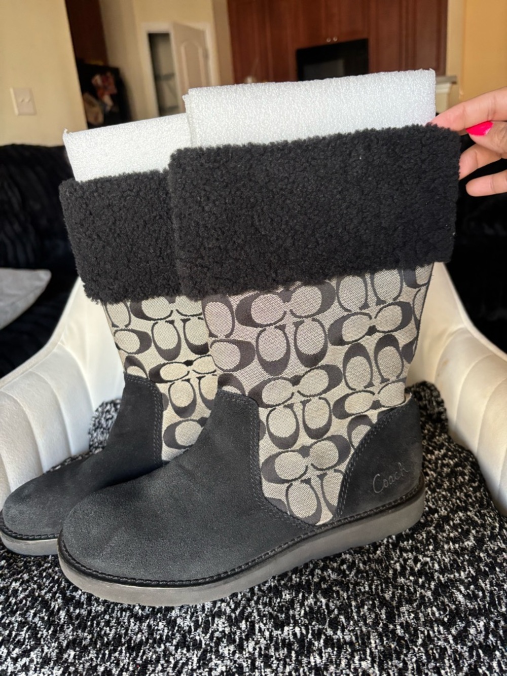 Coach Black & Gray Signature Shearling Cuff Mid-Calf Boots